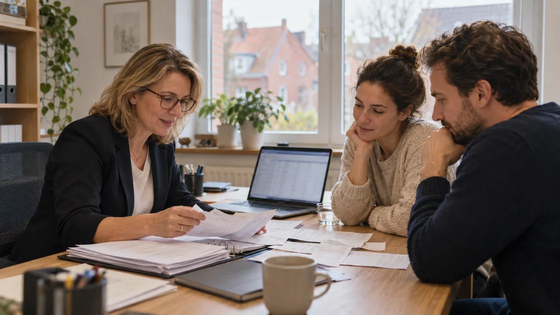 Beratungsgespräch am Schreibtisch einer Steuerkanzlei mit Belegen und Ordner