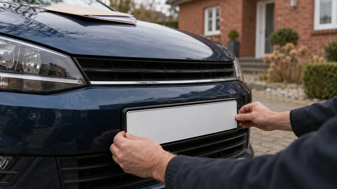 Neues Kennzeichenschild wird an einem Auto in einer Hofeinfahrt angebracht
